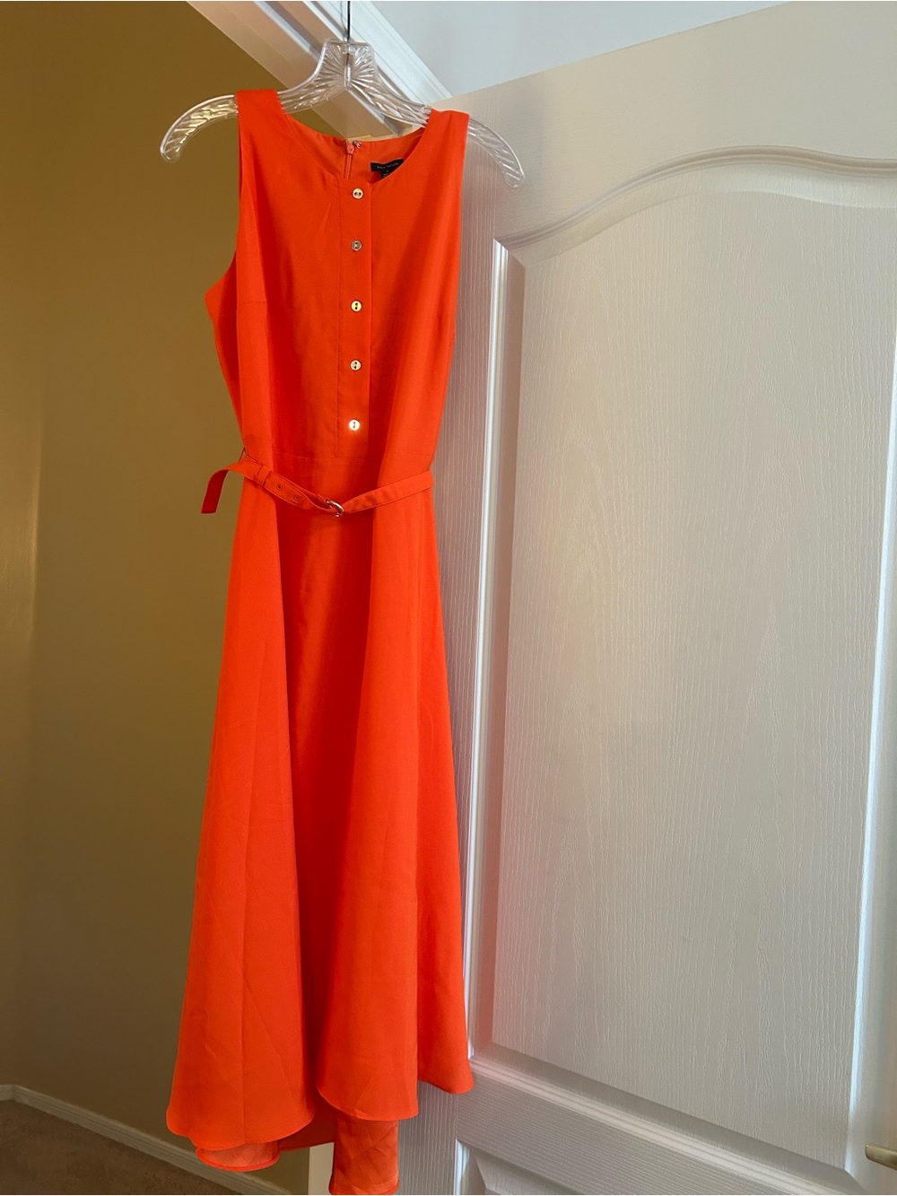 Ann Taylor Size 4 Sleeveless Bright Orange High-Low Belted Midi Dress